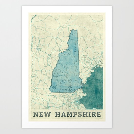 New Hampshire State Map Blue Vintage Art Print
