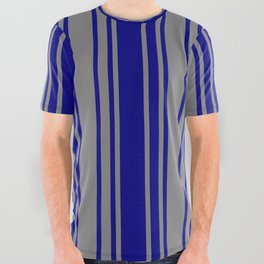 [ Thumbnail: Blue & Grey Colored Stripes/Lines Pattern All Over Graphic Tee ]