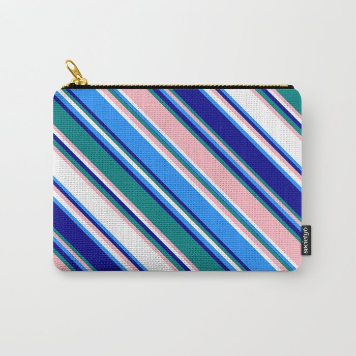 Colorful Blue, Dark Blue, Teal, Light Pink, and White Colored Lines Pattern Carry-All Pouch