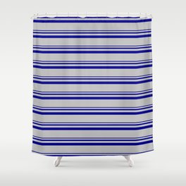 [ Thumbnail: Dark Blue and Grey Colored Pattern of Stripes Shower Curtain ]