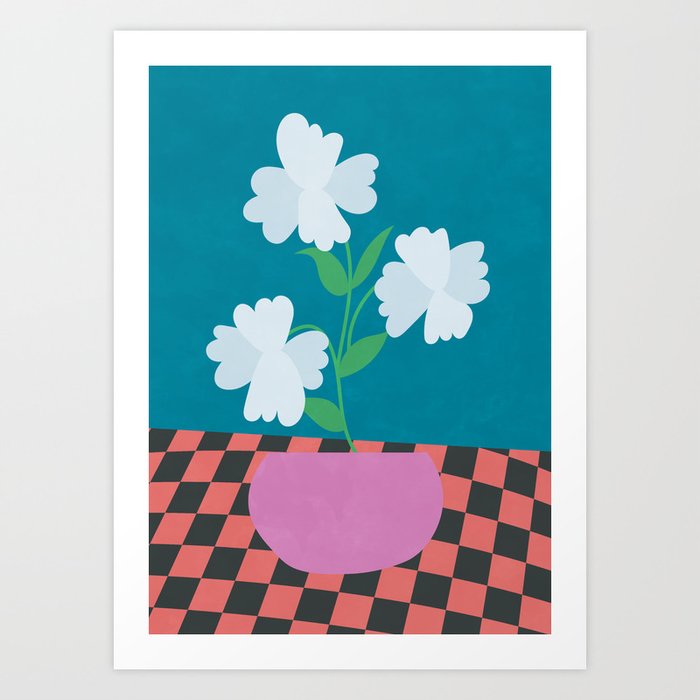 Retro Flower Checkerboard Print on the Table Art Print