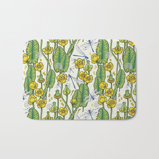 yellow water lilies and dragonflies Bath Mat