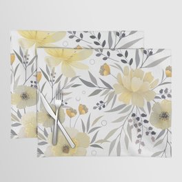 Modern, Floral Prints, Yellow, Gray and White Placemat