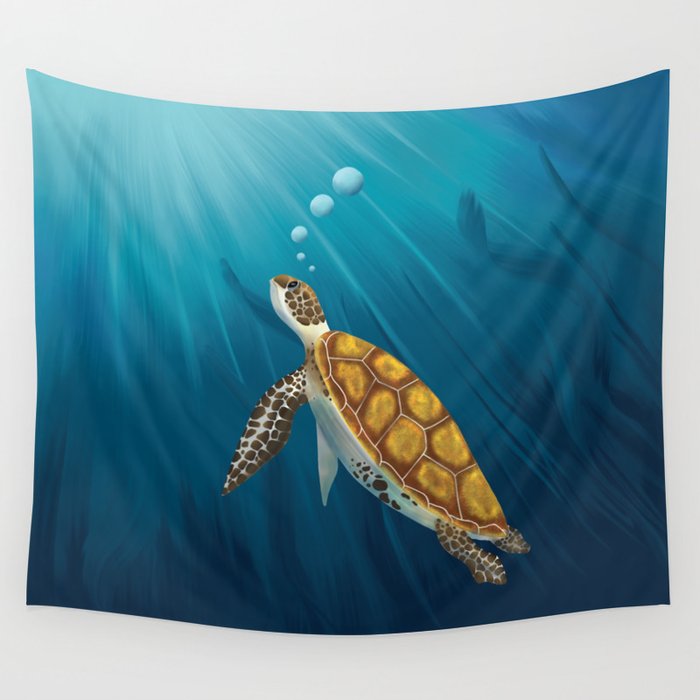 Sea turtle swimming in the ocean Wall Tapestry