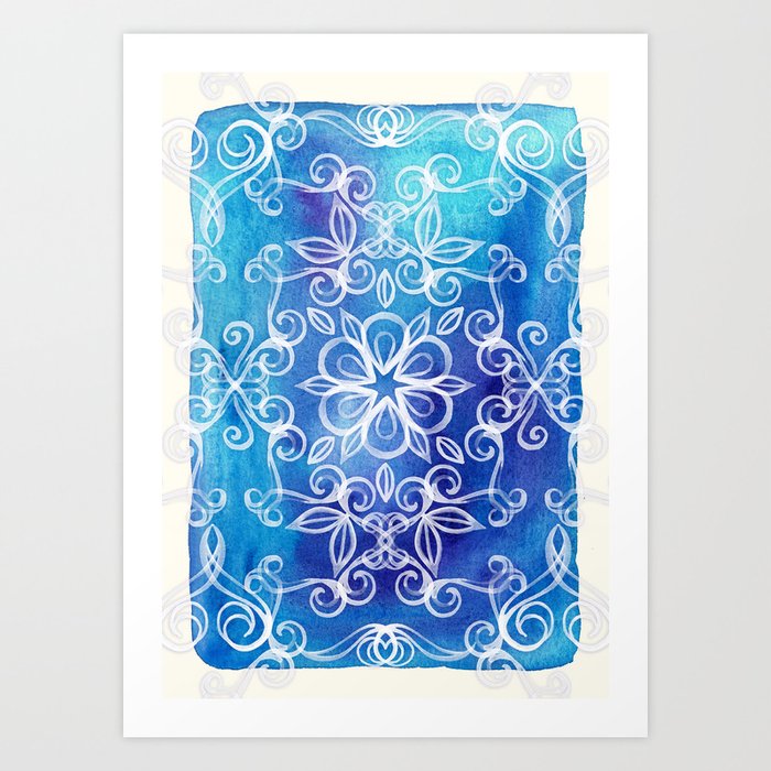 White Floral Painted Pattern on Blue Watercolor Art Print