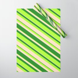 [ Thumbnail: Forest Green, Light Green, and Bisque Colored Striped/Lined Pattern Wrapping Paper ]