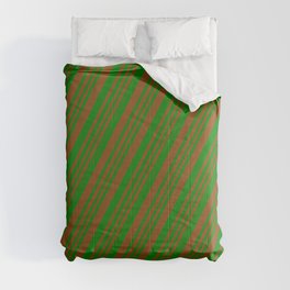 [ Thumbnail: Brown & Green Colored Stripes Pattern Comforter ]