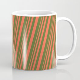 [ Thumbnail: Red and Dark Olive Green Colored Stripes Pattern Coffee Mug ]