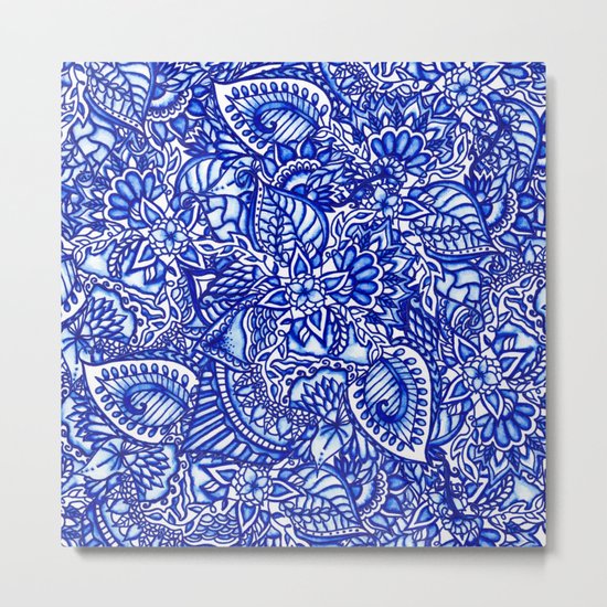 Modern blue handdrawn watercolor floral mandala Metal Print