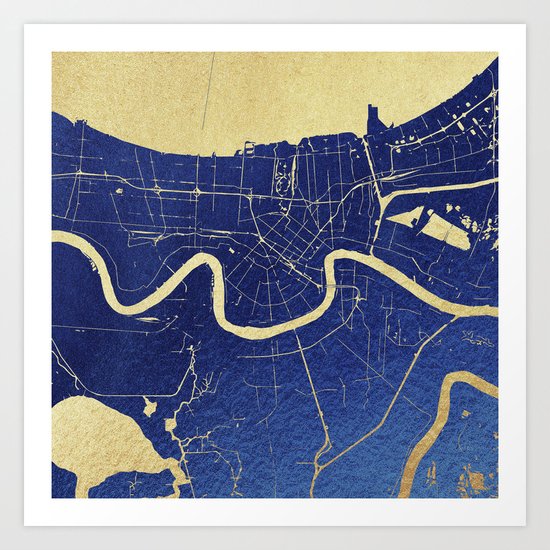 New Orleans Blue and Gold Map Art Print