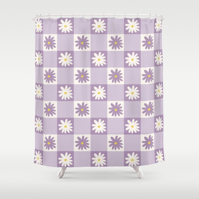 Flower Lavender Gingham Checker in Purple Shower Curtain