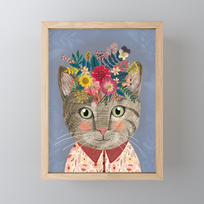 Grey cat with flower crown Framed Mini Art Print