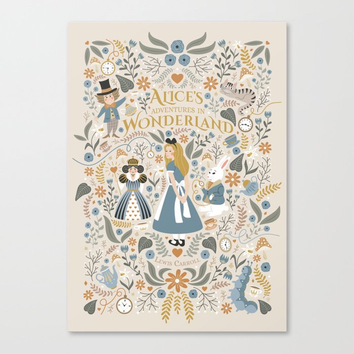 Alice in Wonderland - Beige Canvas Print | Graphic-design, Alice, Alice-in-wonderland, Fairytail, Illustration, Digital, Tea, Pattern, Queen-of-heart, Heart