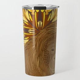 Orangutan in the jungle sitting on a brown abstract leafy pattern background Travel Mug
