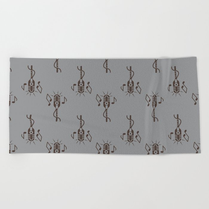 Black Retro Microphone Pattern on Silver Grey Beach Towel