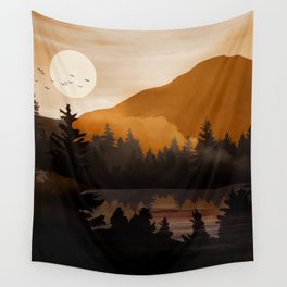 Golden Glimmer Mountain Lake Wall Tapestry