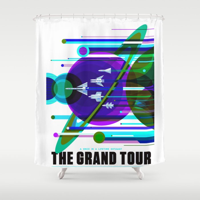 NASA Space Saturn Shuttle Retro Futuristic Explorer Blue Shower Curtain