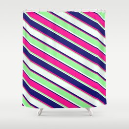 [ Thumbnail: Mint Cream, Midnight Blue, Deep Pink, and Green Colored Lines/Stripes Pattern Shower Curtain ]