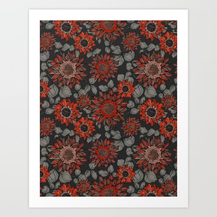 Dark Black & Red Roses, Flowers Pattern Illustration Art Print