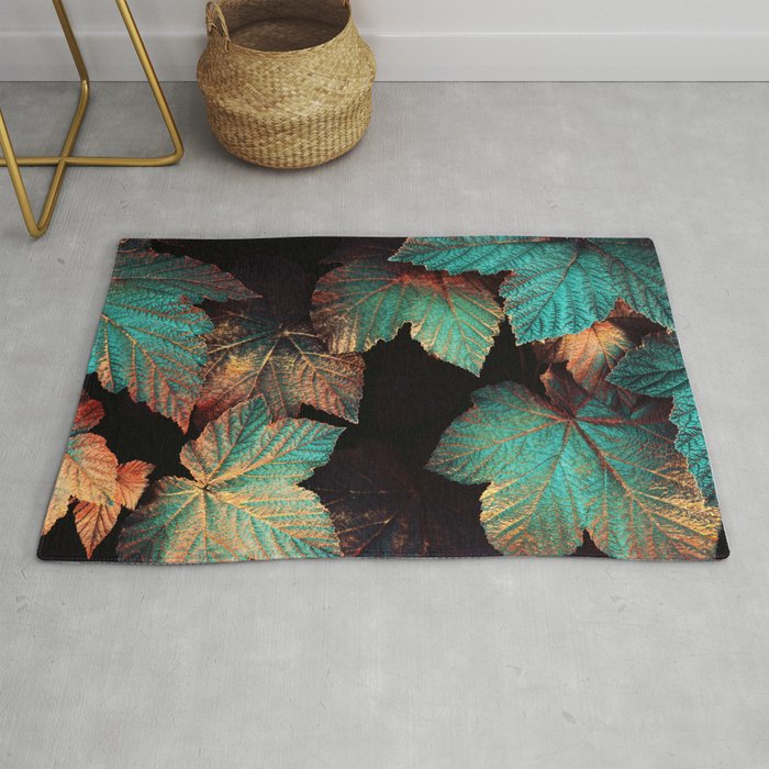 Copper And Teal Leaves Rug
