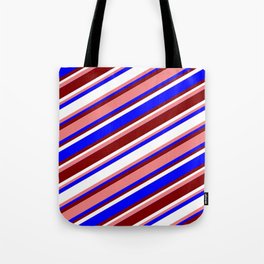 [ Thumbnail: Light Coral, Blue, Maroon, and White Colored Stripes Pattern Tote Bag ]