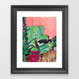 Napping Tuxedo Cat in Overstuffed Sage Green Armchair with Pink Interior After Matisse Painting Framed Art Print