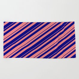 [ Thumbnail: Blue and Light Coral Colored Lined Pattern Beach Towel ]