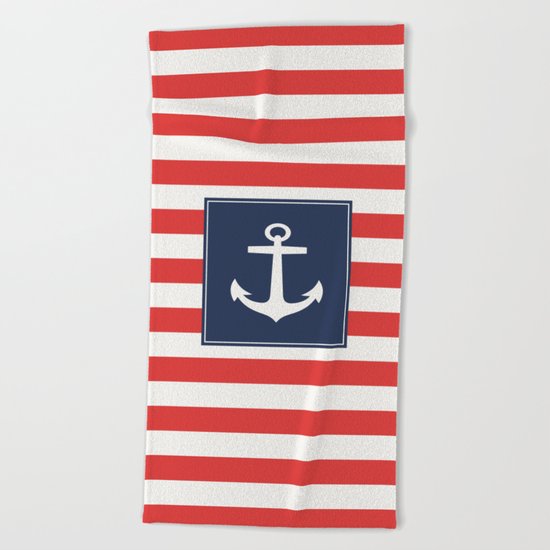 Anchor on red and white stripes Beach Towel