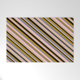 [ Thumbnail: Vibrant Light Slate Gray, Pink, Tan, Black, and Dark Goldenrod Colored Lined Pattern Welcome Mat ]