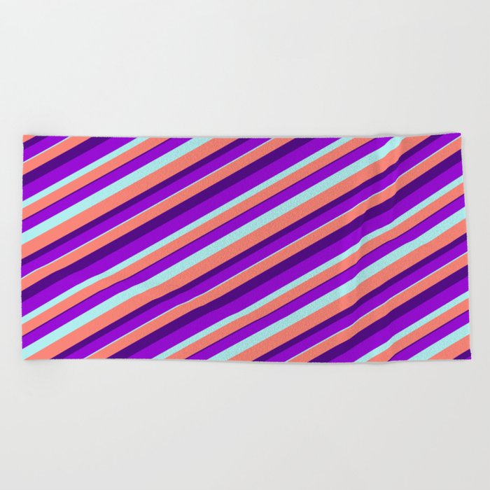 Dark Violet, Turquoise, Salmon, and Indigo Colored Lined Pattern Beach Towel