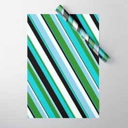 [ Thumbnail: Eye-catching Mint Cream, Sky Blue, Forest Green, Dark Turquoise & Black Colored Pattern of Stripes Wrapping Paper ]