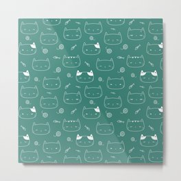 Green Blue and White Doodle Kitten Faces Pattern Metal Print