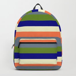 [ Thumbnail: Eye-catching Coral, Slate Gray, Green, Dark Blue & Light Yellow Colored Striped Pattern Backpack ]
