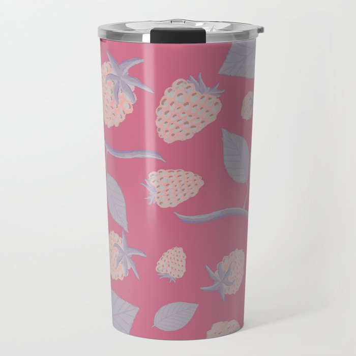 Seamless floral pattern with raspberry branches and ripe bright berries on a pink background Travel Mug
