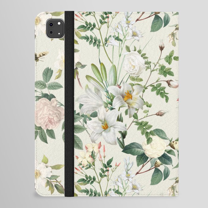 White Flowers Garden - Vintage Floral Botanical illustration collage at Alabaster pale color  iPad Folio Case