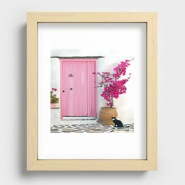 Greek Island Dream, Travel, Greece, Architecture, Pink Door, Bougainvillea, Feline Friend  Recessed Framed Print