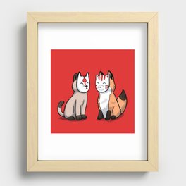 Cat and fox wearing japanese mask Recessed Framed Print