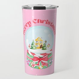Retro Inspired Pink Christmas Snow Globe Travel Mug