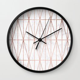 Modern geometric triangles faux rose gold pattern on white marble Wall Clock