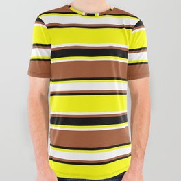 [ Thumbnail: Yellow, White, Sienna & Black Colored Stripes/Lines Pattern All Over Graphic Tee ]