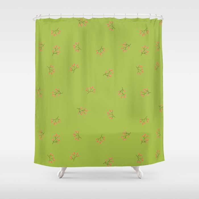 Branches With Red Berries Seamless Pattern on Light Green Background Shower Curtain