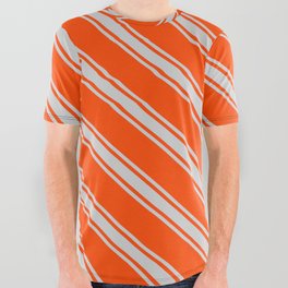 [ Thumbnail: Red and Light Grey Colored Lined Pattern All Over Graphic Tee ]