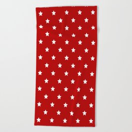 Red Background With White Stars Pattern Beach Towel