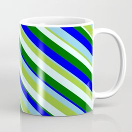 [ Thumbnail: Eye-catching Green, Light Cyan, Dark Green, Blue & Sky Blue Colored Lines/Stripes Pattern Coffee Mug ]