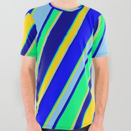 [ Thumbnail: Eyecatching Blue, Green, Yellow, Light Sky Blue & Dark Blue Colored Lines/Stripes Pattern All Over Graphic Tee ]
