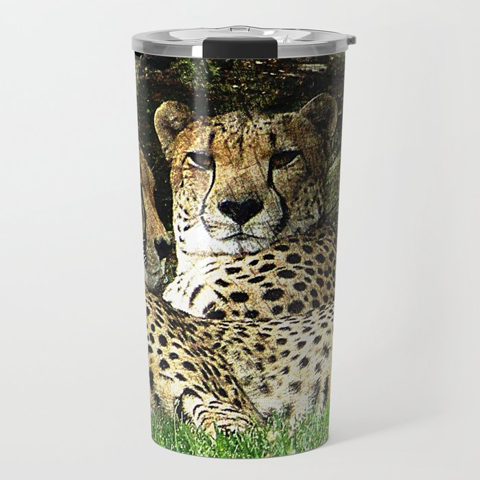 Two Cheetahs Lounging in Grass in Front of Log, Grunge Photograph Travel Mug