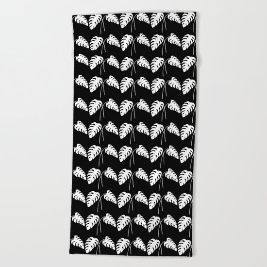 Tropical Monstera Leaves White on Black Beach Towel
