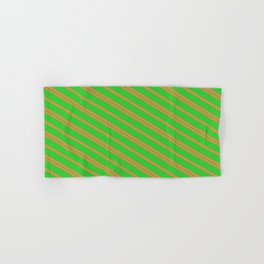 [ Thumbnail: Coral and Lime Green Colored Lined Pattern Hand & Bath Towel ]