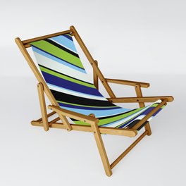 [ Thumbnail: Colorful Green, Midnight Blue, Light Sky Blue, Mint Cream, and Black Colored Lined/Striped Pattern Sling Chair ]