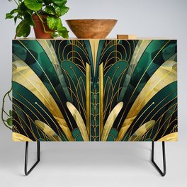 Gatsby Pattern, Glamour Dark Green Gold, Luxurious Aesthetic Credenza